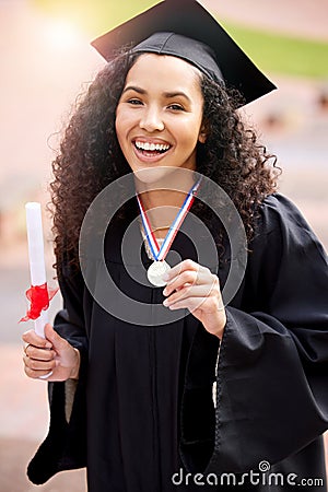 University valedictorian, woman portrait and college degree with achievement with medal. Female person, education Stock Photo