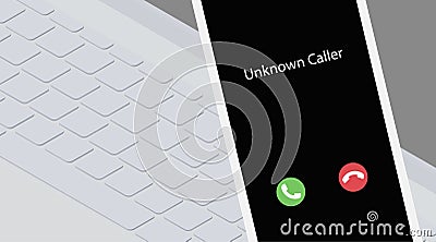 Unknown caller during work. Isometric vector illustration. White smartphone on a laptop keyboard background. Phone interface with Vector Illustration