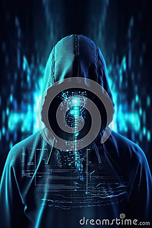 Unknown hacker on cyber background. Internet, cyberspace and data security concept. Generative AI Stock Photo