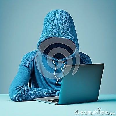 Unknown invisible man in blue sweater sits in front of laptop, invisible man, hacker, anonymous, man without face, Stock Photo