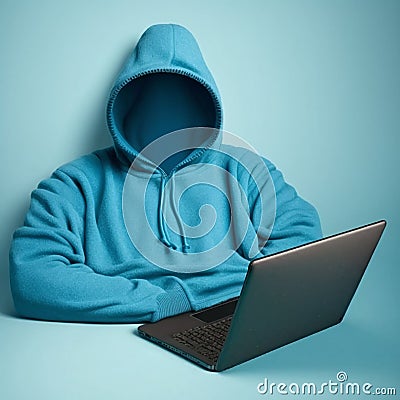 Unknown invisible man in a blue sweater sits in front of a laptop, invisible man, hacker, anonymous, man without a face, Stock Photo