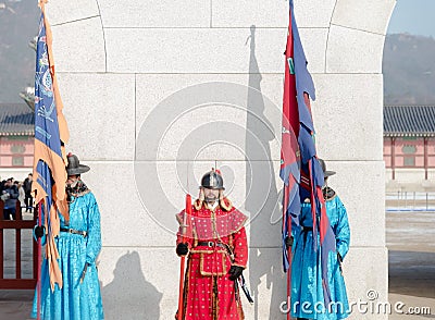 Unknown men in ancient Korean soldier costume in Gyeongbokgung P Editorial Stock Photo