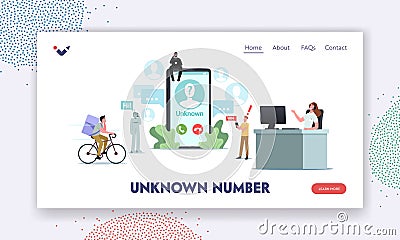Unknown Number Landing Page Template. Tiny Characters around of Huge Smartphone Take Call from Cheater, Call Service Vector Illustration