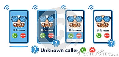 Unknown number phone call, incoming anonymous caller on mobile phone screen icon. Unfamiliar incognito person ringing. Vector Vector Illustration