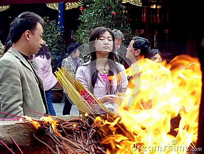 Unknown people worship at City God Temple in Shanghai Editorial Stock Photo