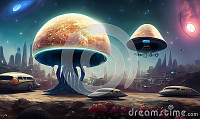 unknown red planet with alien ships Stock Photo