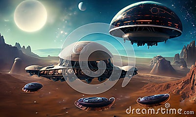 unknown red planet with alien ships Stock Photo