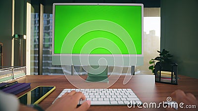 Unknown woman typing mockup computer closeup. Director arms working green screen Stock Photo