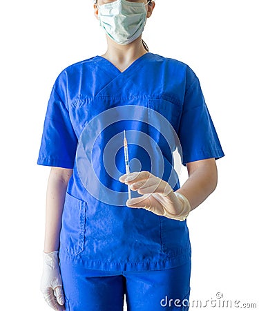 Unknown young female doctor in blue medical uniform holding a sy Stock Photo