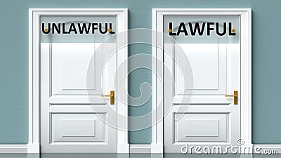 Unlawful and lawful as a choice - pictured as words Unlawful, lawful on doors to show that Unlawful and lawful are opposite Cartoon Illustration