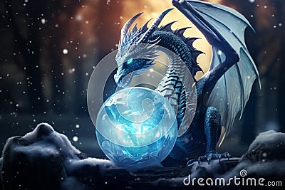 Unleash the Magic: A Dragon Inside a Snowy Glass Egg Stock Photo