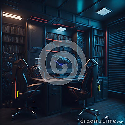 Dark Elegant Cyberpunk-Inspired Gaming Room Stock Photo