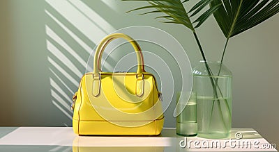 Unleash Your Inner Sunshine: The Perfect Yellow Handbag on a Tropical Table Stock Photo