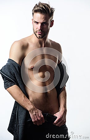 Unleashed desire. Seductive macho feeling sexy. Attractive body. Confident in his attractiveness. Time change Stock Photo