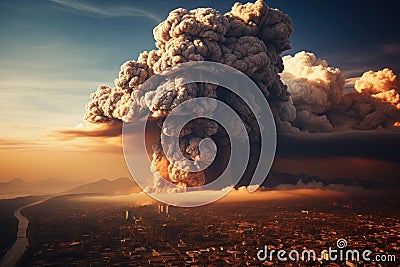 Huge volcano spews ash and lava at sunset. Stock Photo