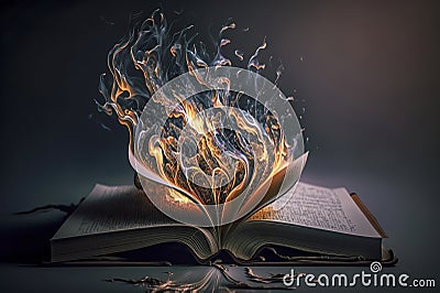 â€œUnleashing Imagination: A Fiery Design Emanates from the Pages of an Open Book, ai generative Stock Photo