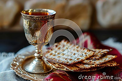 Unleavened bread with silver chalice of wine. Christian communion concept for reminder of Jesus sacrifice. Generative AI. Stock Photo