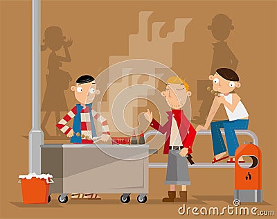 An unlicensed itinerant street food hawker in Hong Kong Vector Illustration