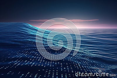 Unlimited ocean of information with waves of binary code at dawn, abstract seascape background. Generative AI illustration Cartoon Illustration