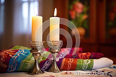 unlit shabbat candles with a torah and prayer shawl in the background Stock Photo