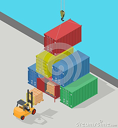 Unloading of sea cargo containers by a forklift. Vector Illustration