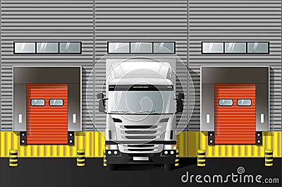 Unloading trucks at a modern warehouse complex. Vector Stock Photo