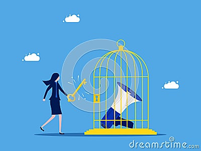 Unlock communication and advertising. Businesswoman unravels a cannon in a cage Vector Illustration