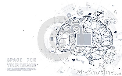 Unlock creativity brain form lines, triangles and particle style design Vector Illustration
