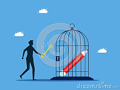 Unlock creativity. Businessman unlocks a pencil in a cage. business concept. Vector Illustration