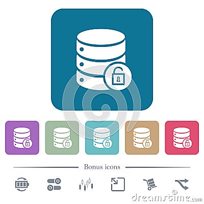 Unlock database flat icons on color rounded square backgrounds Stock Photo