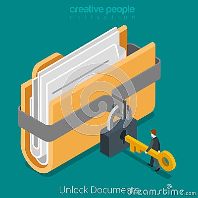 Unlock folder secure data file document lock key flat vector 3d Vector Illustration