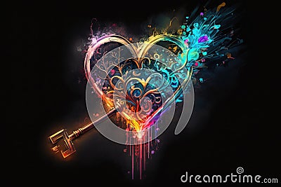 Unlock with the key to my heart. Neon artwork in vivid colors. Lights glowing in an abstract 3D illustration. Cartoon Illustration