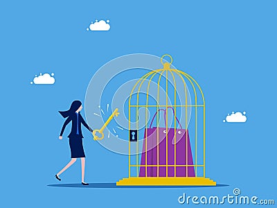 Unlock shopping or purchasing goods. Businesswoman unlocks shopping bag in cage Vector Illustration