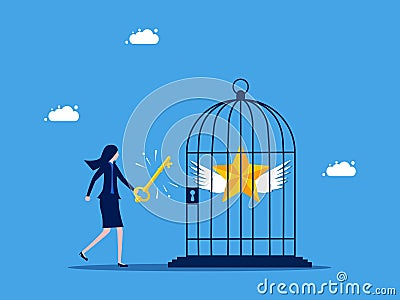Unlock success in work. Businesswoman uses a key to release the stars in the cage. Vector Illustration