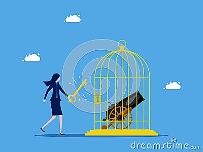 Unlock trade and business wars. Businesswoman unlocks a cannon in a cage. Business concept Vector Illustration