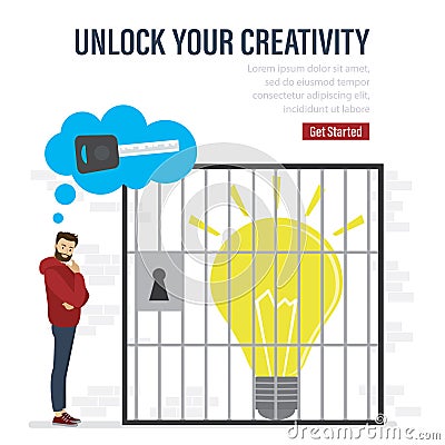 Unlock your creativity, landing page template. Cartoon scene with light bulb in prison room. Lack of ideas Vector Illustration