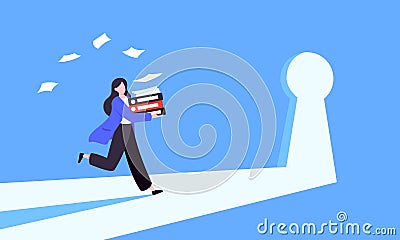 Unlock your opportunity concept with keyhole and ambitious woman running to career potential. Vector Illustration