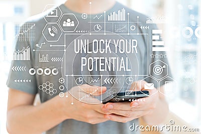 Unlock your potential with man using a smartphone Stock Photo