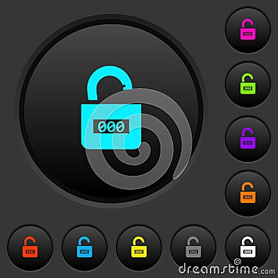 Unlocked combination lock with center numbers dark push buttons with color icons Stock Photo