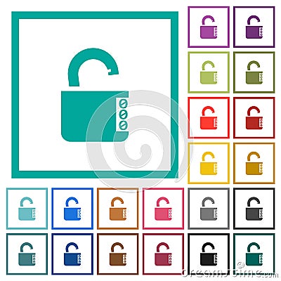 Unlocked combination lock with side numbers flat color icons with quadrant frames Stock Photo
