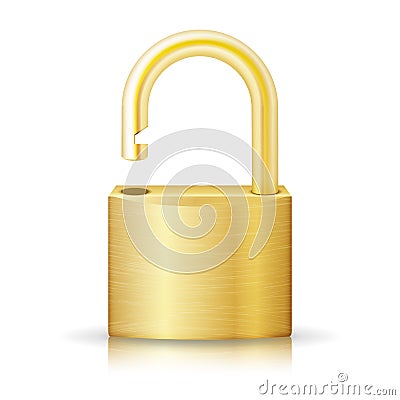 Unlocked Lock Security Yellow Icon Isolated On White. Gold Realistic Protection Privacy Sign Vector Illustration