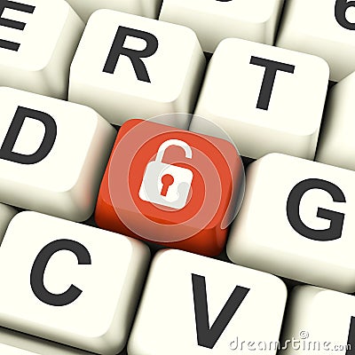 Unlocked Padlock Computer Key In Red Showing Access Or Protection Stock Photo