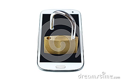 Unlocked padlock on a mobile phone Stock Photo