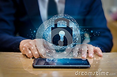 Unlocked smartphone lock Internet phone hand Business people press the phone to communicate in the Internet. Cyber security concep Stock Photo