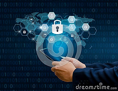 Unlocked smartphone lock Internet phone hand Businesspeople press the phone to communicate in Internet. Cyber security concept Stock Photo