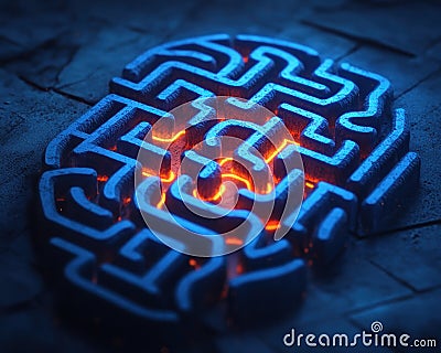 Unlocking Cognitive Potential A Glowing Brain Maze Illustrating Problem-Solving Pathways and Cognitive Enhancement Through Stock Photo