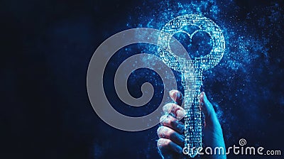 Unlocking Digital Potential Illuminated Key, Data Streams, Binary Code on Blue Background Stock Photo