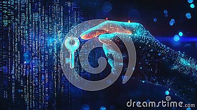 Unlocking the future a digital key concept surrounded by a binary world of data and technology Stock Photo