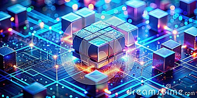 Unlocking the Future Exploring Blockchain Technology Through Digital Data Blocks and Circuit Board Visuals Stock Photo