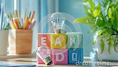 Unlocking Innovation Discover the power of visual learning with bright ideas depicted through Learn spelled out using colorful Stock Photo
